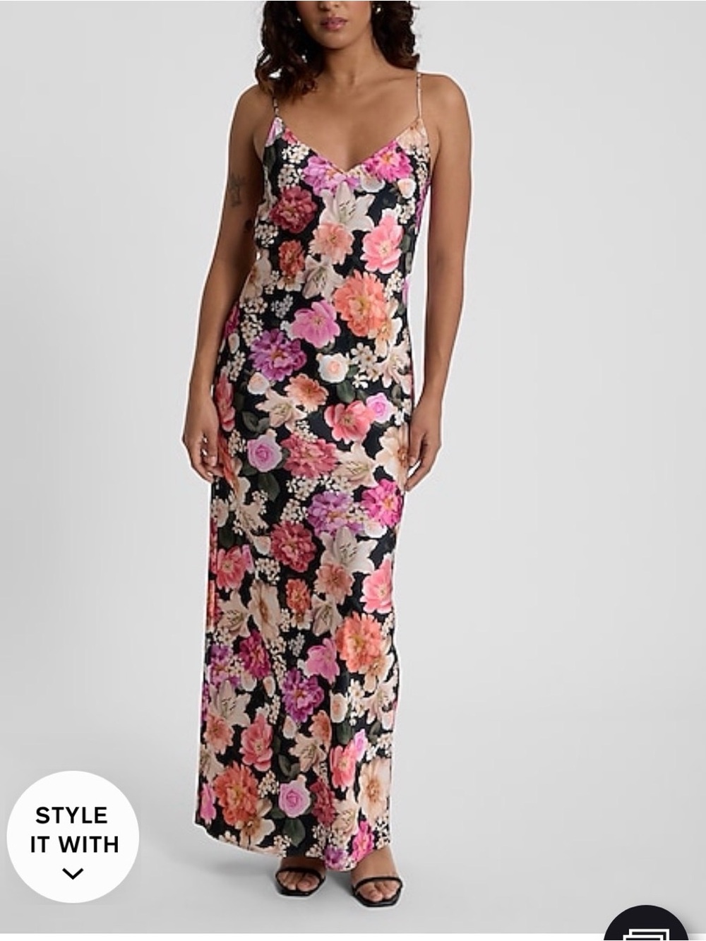 Express Floral Slip Maxi Dress - Black with Pink & Peach Blooms